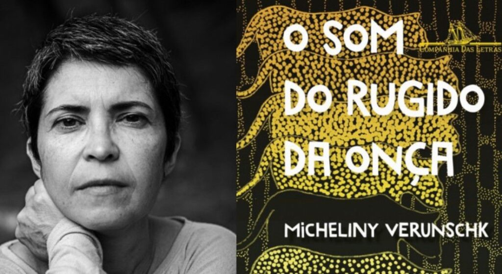 Micheliny Verunshck e a capa do livro com arte de Jaider Esbell (Foto: Renato Parada / Divulgação)