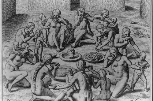 Roda de indígenas praticando antropofagia, segundo a visão do colonizador Theodor de Bry