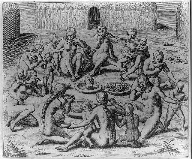 Roda de indígenas praticando antropofagia, segundo a visão do colonizador Theodor de Bry