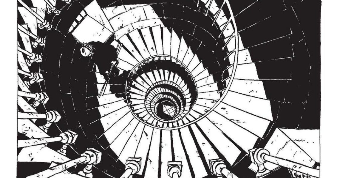 página interna do livro com escada em espiral um homem descendo a escada em uma perspectiva de cima para baixo