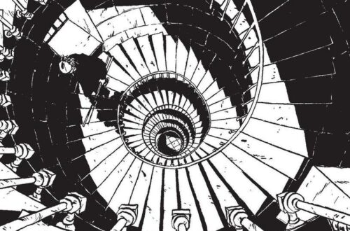 página interna do livro com escada em espiral um homem descendo a escada em uma perspectiva de cima para baixo